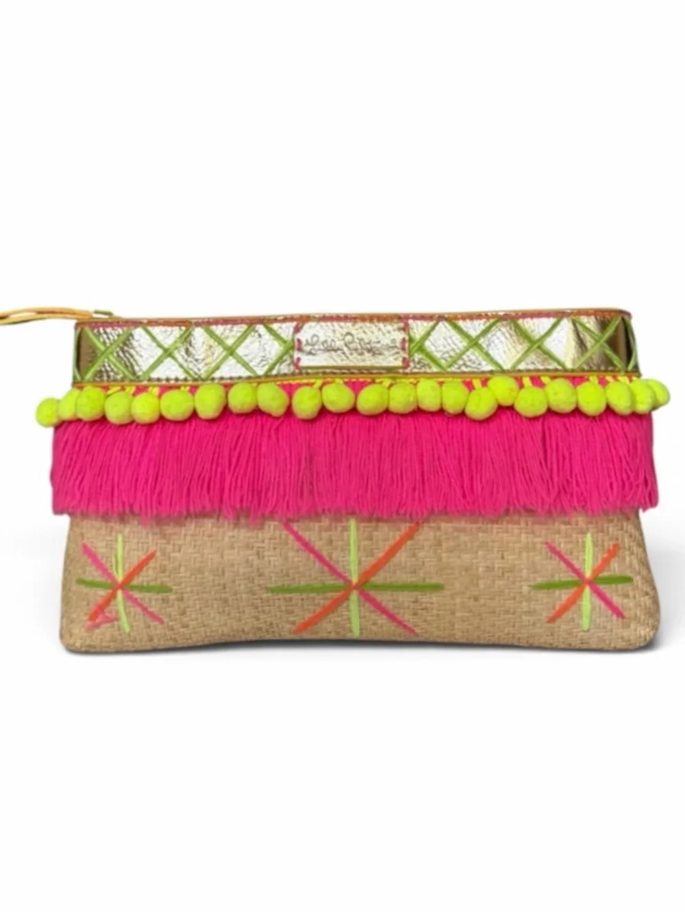 Lilly Pulitzer Baja Natural Woven Straw Fringe Pom Pom Clutch Bag
